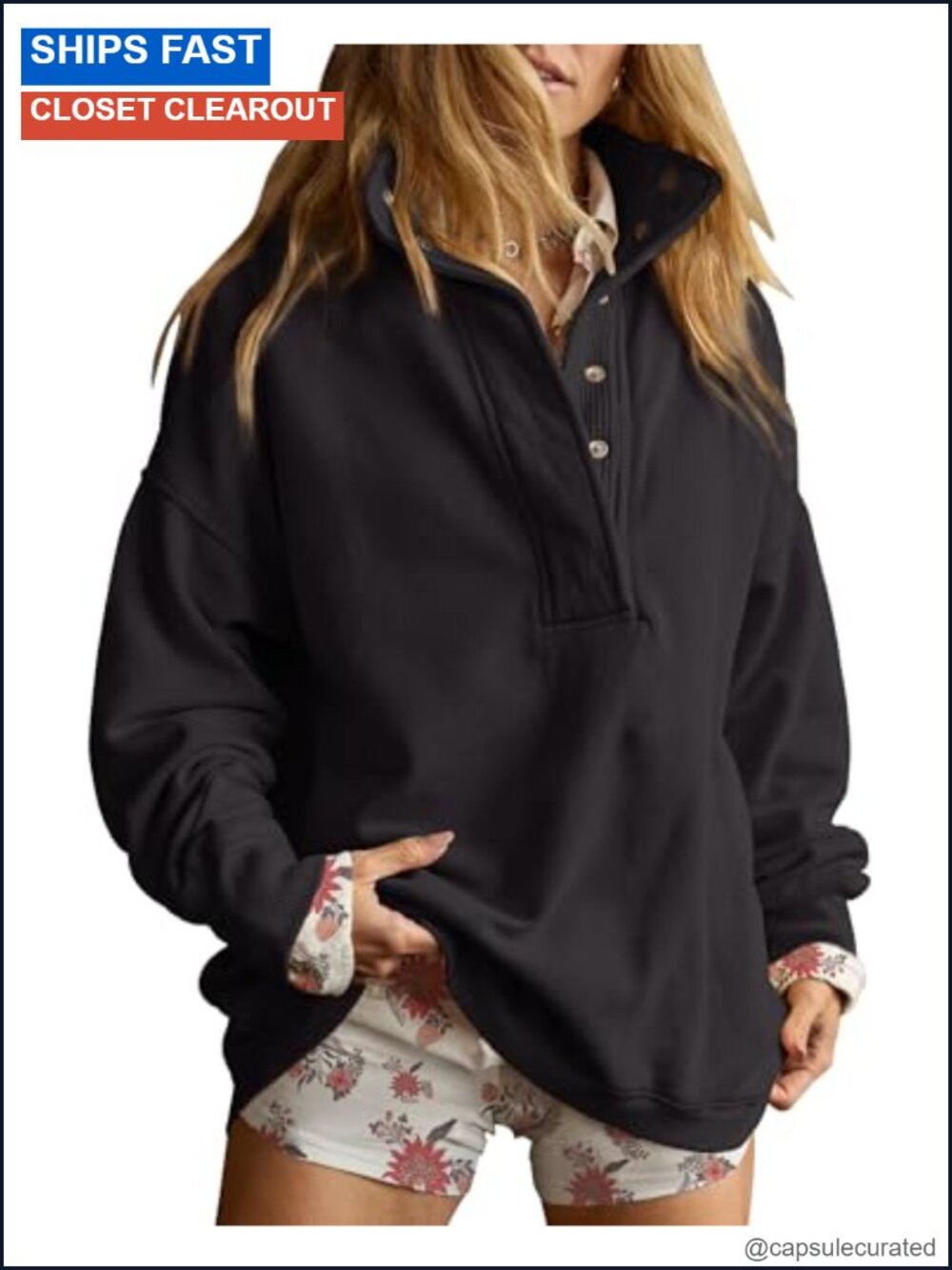 Oversized Henley Neck Sweatshirt Cotton Polyester Pullover Top